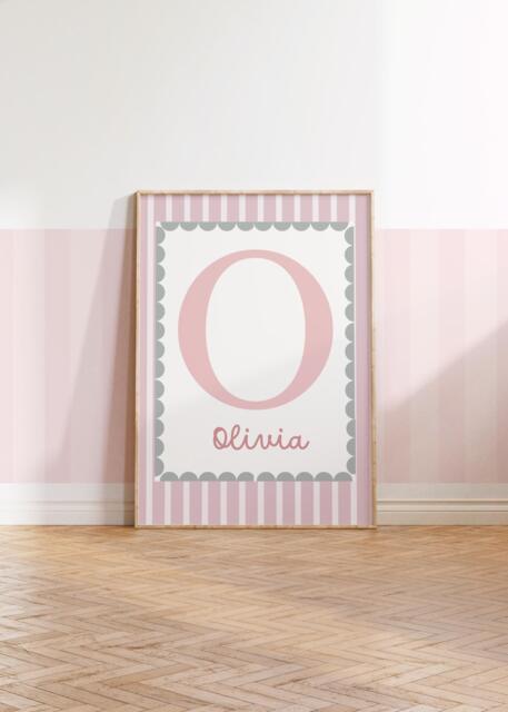 Girls Personalised Name & Initial Wall Art Print Poster , Pink Green Nursery Print, Scallop Border - image 1