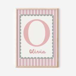 Girls Personalised Name & Initial Wall Art Print Poster , Pink Green Nursery Print, Scallop Border - thumbnail 2