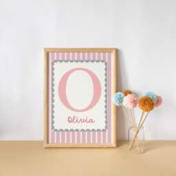 Girls Personalised Name & Initial Wall Art Print Poster , Pink Green Nursery Print, Scallop Border - thumbnail 4