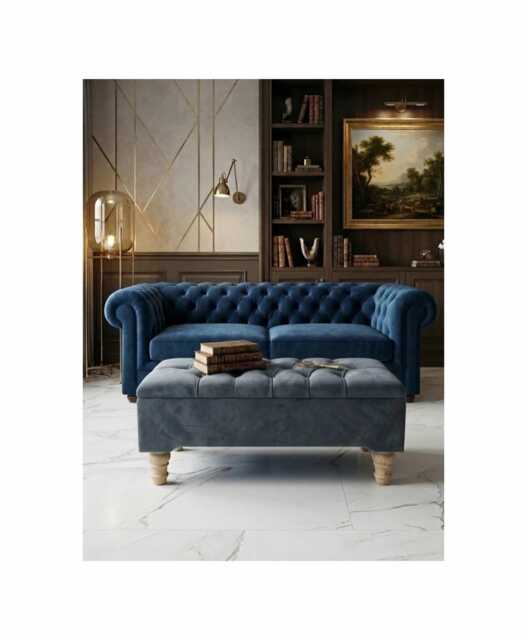 Chesterfield Plush Velvet Storage Ottoman Blanket Toy Box With Natura Gloss Wooden Legs - image 1