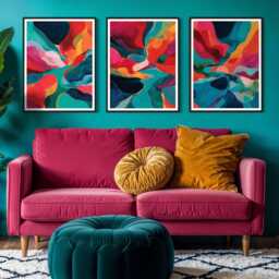 Bold Colourful Abstract Art Print Set Of 3 Modern Geometric Landscape Style Artwork Vibrant Contemporary Triptych For Living Room Office - thumbnail 3