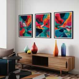 Bold Colourful Abstract Art Print Set Of 3 Modern Geometric Landscape Style Artwork Vibrant Contemporary Triptych For Living Room Office - thumbnail 1