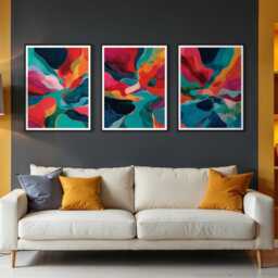 Bold Colourful Abstract Art Print Set Of 3 Modern Geometric Landscape Style Artwork Vibrant Contemporary Triptych For Living Room Office - thumbnail 2