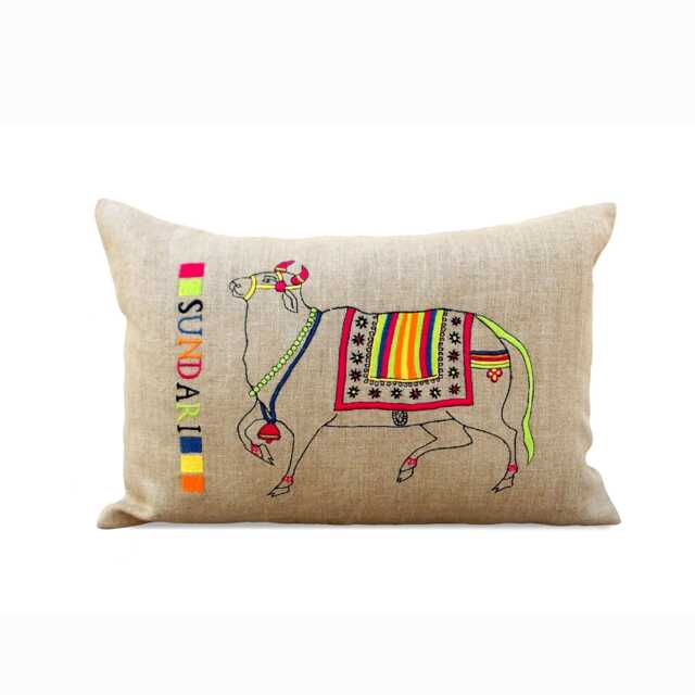 Linen Pillow Cover, Indian Cow Embroidered in Multicolour, Boho - image 1