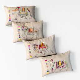 Linen Pillow Cover, Indian Cow Embroidered in Multicolour, Boho - thumbnail 3