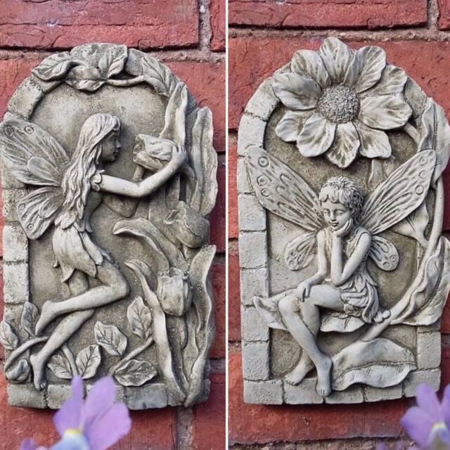 Reconstituted Stone Garden Pair Of Flower Fairy Wall Plaques - image 1