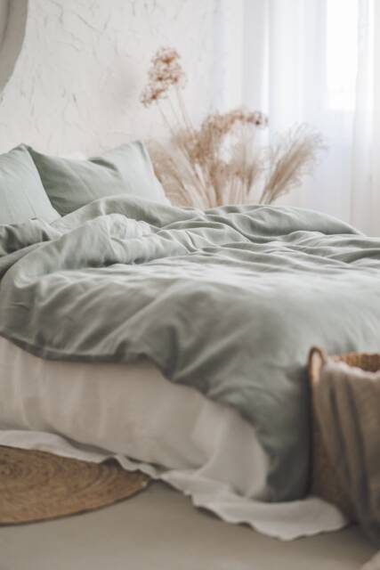 Frosty Green Linen Duvet Cover With Coconut Buttons, Handmade 100% Lithuanian Quilt Cover, Soft in Various Colors - image 1
