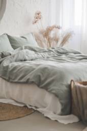 Frosty Green Linen Duvet Cover With Coconut Buttons, Handmade 100% Lithuanian Quilt Cover, Soft in Various Colors - thumbnail 1