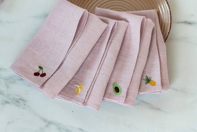 Embroidered Fruit Linen Napkins, Blush Pink Party Decor - image 1