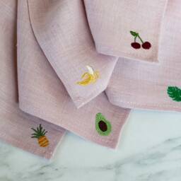 Embroidered Fruit Linen Napkins, Blush Pink Party Decor - thumbnail 2