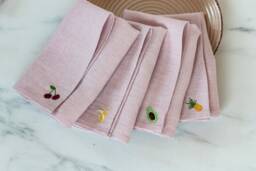 Embroidered Fruit Linen Napkins, Blush Pink Party Decor