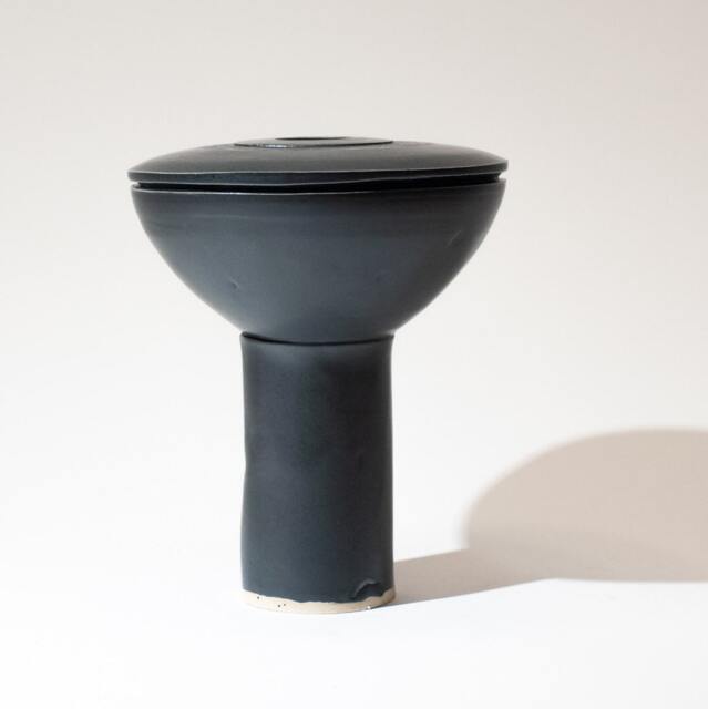 Hand Made Sculptural Domed Vase Form, Stoneware Fired in A Semi-Matte Black Glaze, With Concentric Circular Textured Surface Decoration - image 1