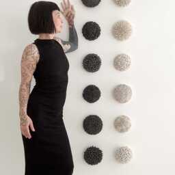 Black Porcelain Enoki Wall Sculpture Textured Ceramic Art Tile - thumbnail 4