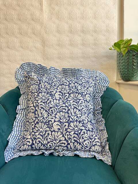 Quilted Kantha Stitch Cushion Pure Soft Cotton Cover - Gardenia Floral Home Decor Interiors Bed Bedroom Living Navy Blue White - image 1