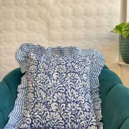 Quilted Kantha Stitch Cushion Pure Soft Cotton Cover - Gardenia Floral Home Decor Interiors Bed Bedroom Living Navy Blue White - thumbnail 2