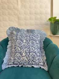 Quilted Kantha Stitch Cushion Pure Soft Cotton Cover - Gardenia Floral Home Decor Interiors Bed Bedroom Living Navy Blue White - thumbnail 1