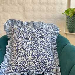 Quilted Kantha Stitch Cushion Pure Soft Cotton Cover - Gardenia Floral Home Decor Interiors Bed Bedroom Living Navy Blue White - thumbnail 3