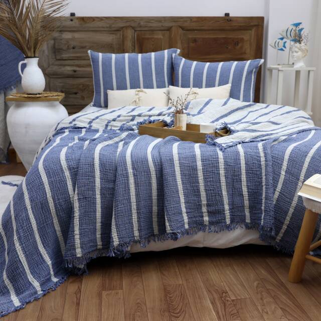 Muslin Cotton Striped Blanket, Linen Bedding Set, Bedspread, Duvet Cover, Boho Sofa Throw - image 1