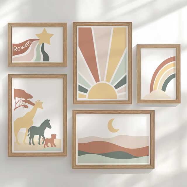 Safari Nursery Gallery Wall Set Earthy Colours, Personalised Sun & Rainbow Prints in Oak Or White Frames, Boho Animal Kids Room Decor - image 1