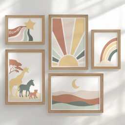 Safari Nursery Gallery Wall Set Earthy Colours, Personalised Sun & Rainbow Prints in Oak Or White Frames, Boho Animal Kids Room Decor - thumbnail 1