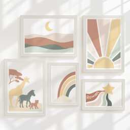 Safari Nursery Gallery Wall Set Earthy Colours, Personalised Sun & Rainbow Prints in Oak Or White Frames, Boho Animal Kids Room Decor - thumbnail 2