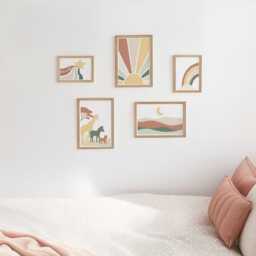 Safari Nursery Gallery Wall Set Earthy Colours, Personalised Sun & Rainbow Prints in Oak Or White Frames, Boho Animal Kids Room Decor - thumbnail 3