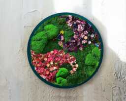Round Moss Wall Art With Flowers, Wooden Frame, Handmade Preserved Botanical Decor - thumbnail 1