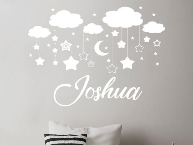 Personalized Name Wall Decal - Boy Clouds Nursery Decals Vinyl Stickers Moon Star Decor Art Sm245 - image 1