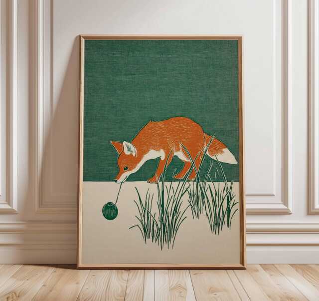 Fox Art Print, Japanese Style Animal Poster, Minimalist Nature Wall Art, Modern Woodland Illustration, Rustic Green Home Decor - image 1