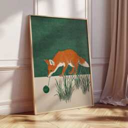 Fox Art Print, Japanese Style Animal Poster, Minimalist Nature Wall Art, Modern Woodland Illustration, Rustic Green Home Decor - thumbnail 2