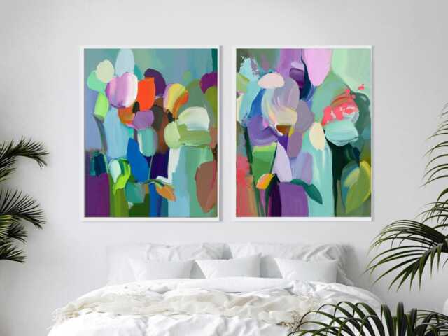 Turquoise & Mint Set Of 2 Abstract Prints Teal Blue Wall Art For Home Decor - image 1