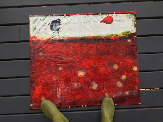 Abstract Raven & Red Balloon Floorcloth Hand-Painted Acrylic Canvas Rug - image 1