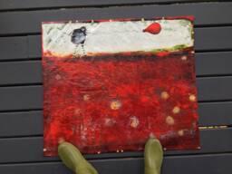 Abstract Raven & Red Balloon Floorcloth Hand-Painted Acrylic Canvas Rug - thumbnail 1
