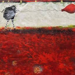 Abstract Raven & Red Balloon Floorcloth Hand-Painted Acrylic Canvas Rug - thumbnail 2