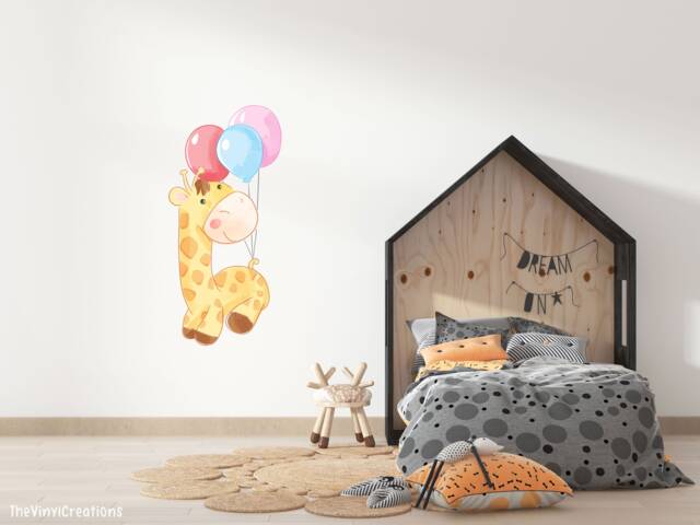 Large Giraffe Wall Sticker , With Balloons Art Safari Jungle Decor Childrens Room Decorations - Thevinylcreations - image 1