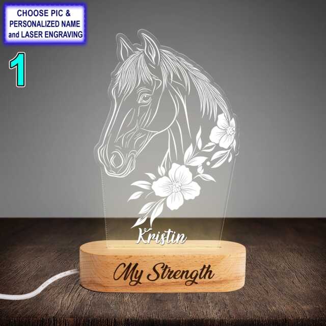 Personalized Horse & Floral Acrylic Night Light With Name Engraving, Beech Wood Led Lamp, Custom Laser Engraved Gift - image 1