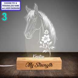 Personalized Horse & Floral Acrylic Night Light With Name Engraving, Beech Wood Led Lamp, Custom Laser Engraved Gift - thumbnail 3