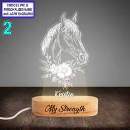 Personalized Horse & Floral Acrylic Night Light With Name Engraving, Beech Wood Led Lamp, Custom Laser Engraved Gift - thumbnail 2