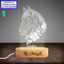 Personalized Horse & Floral Acrylic Night Light With Name Engraving, Beech Wood Led Lamp, Custom Laser Engraved Gift