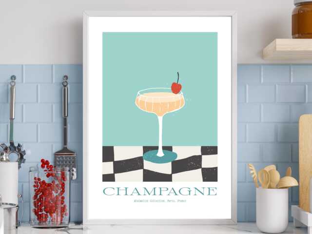 Champagne Minimalist - Wall Print Abstract Cocktail Funky Gift Idea Bespoke Poster A5 A4 A3 Framed Or Unframed - image 1