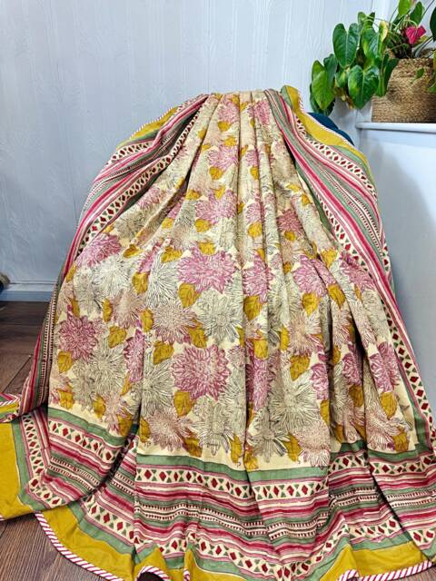Pure Soft Cotton Indian Floral Dohar Reversible Bed/Sofa Throw Summer Quilted King Size Handprint White Pink Mustard Bloom Garden Stripe - image 1
