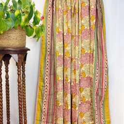 Pure Soft Cotton Indian Floral Dohar Reversible Bed/Sofa Throw Summer Quilted King Size Handprint White Pink Mustard Bloom Garden Stripe - thumbnail 2