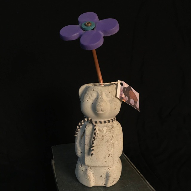 Concrete Honey Bear With Purple Flower - Folk Art Gift - image 1