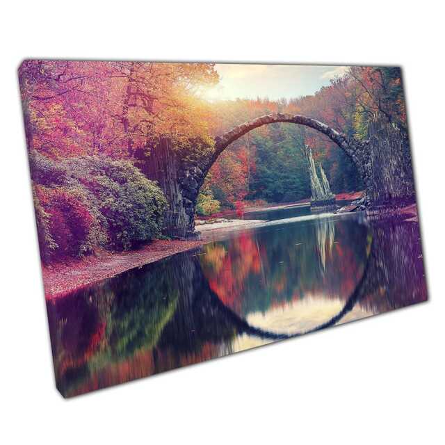 Sunset River Bridge Reflection Canvas Print Azalea Rhododendron Park Kromlau Germany Wall Art For Home Office Decor - image 1