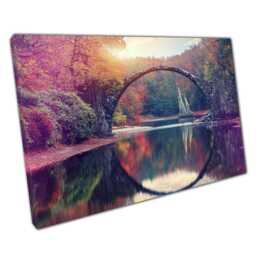 Sunset River Bridge Reflection Canvas Print Azalea Rhododendron Park Kromlau Germany Wall Art For Home Office Decor - thumbnail 1