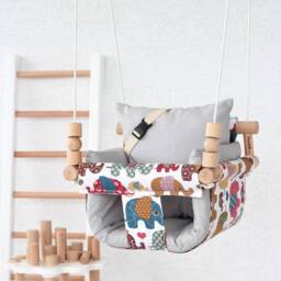 Elephant Print Baby Swing Handmade Wooden Highchair Swing - thumbnail 3