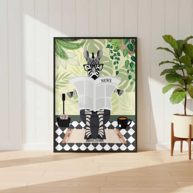 Zebra On The Toilet in A Green Bathroom Print. Funny Animal Bathroom Prints - image 1