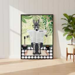 Zebra On The Toilet in A Green Bathroom Print. Funny Animal Bathroom Prints - thumbnail 1