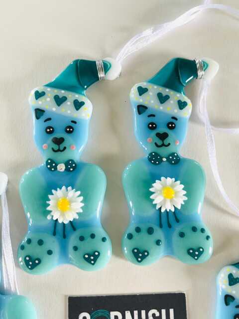 Cute Blue Teddy Bear Fused Glass Decoration, Christmas Fused Glass Ornament, Cornwall, Cornish - image 1