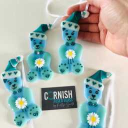 Cute Blue Teddy Bear Fused Glass Decoration, Christmas Fused Glass Ornament, Cornwall, Cornish - thumbnail 3
